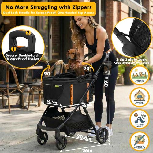 PAWZIDEA Pet Stroller 4-in-1, Foldable Dog Stroller with Detachable Carrier | Escape-Proof No-Zip Canopy, Portable Travel Crate & Car Seat Combo, for Small to Medium Dogs & Cats up 33 lbs, Storage Basket