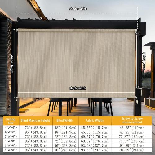Outdoor Roller Shades，Cordless Patio Roller Up Blinds with Shade Cloth for Porch Gazebo Pergola Balcony Backyard，2 Poles & 1 Fabric，Sesame，72 Wx72 H