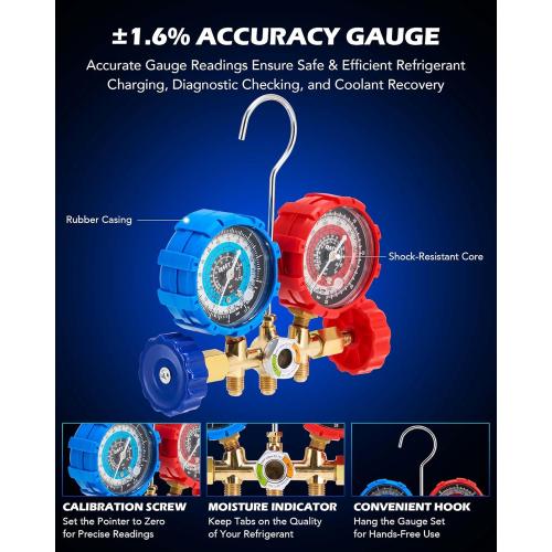 Orion Motor Tech AC Vacuum Pump and Gauge Set, 1/3 hp 4 cfm Vacuum Pump Manifold Gauge Kit with Leak Detector 3 Hoses & Accessories for R134a R12 R22 R502, A/C Vacuum Pump Kit for Auto HVAC Systems