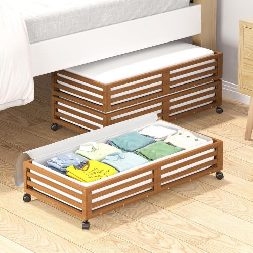 Bamboo Under Bed Storage Containers- Underbed Organizer with Wheels with Large Capacity Dust Bag,Sturdy Wood Rolling Under Bed Shoe Storage Organizer Drawer 2 Packs (Walnut, Long)