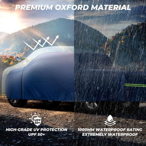KAKIT Truck Cover Waterproof All Weather, Wear-Resistant Lightweight Fabric with Door Zipper and Tear Resistant Quick Drainage Holes, 5 Windproof Straps, Navy Blue (Truck Up to 250''L)