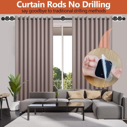 Adhesive Curtain Rod No Drilling for Renter 48 to 84 Inch Adjustable, Black | Easy Tool-Free Installation, No Drill, Non Screw, Stick on Apartment Friendly Poles with Screwless Bracket Holder Hook, Black
