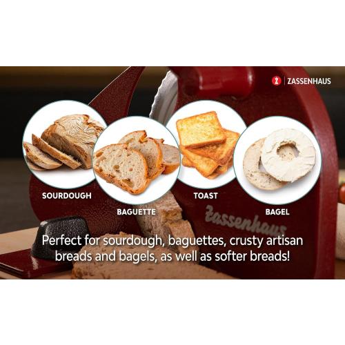 Color Red Zassenhaus Original Classic Adjustable Bread Slicer for Uniform Slices - Bread Slicer for Homemade Bread - 18/8 Stainless Steel Blade Sourdough Cutter - Black, 11.75 x 8