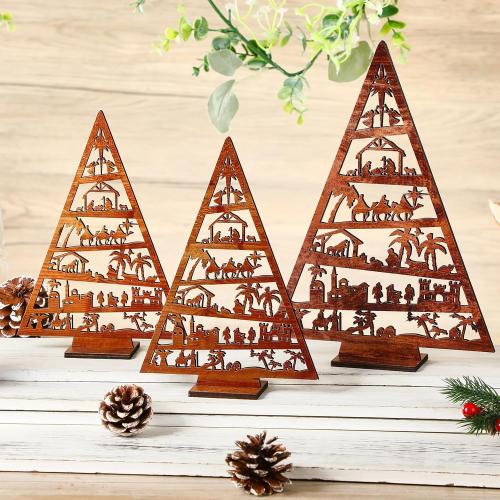 Huwena 3 Pcs Christmas Nativity Scene Table Ornament Vintage Jesus Nativity Set Rustic Farmhouse Holiday Wood Tree Wooden Christmas Tree Tabletop Decoration for Home Tiered Decor Xmas Signs (Novel)