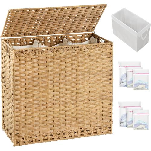 35 Gal Laundry Hamper with Lid Laundry Basket 132 L (35 Gal) Wicker Clothes Hamper, Handwoven Rattan Hamper with Handles and 4 Removable Liner Bags, 6 Mesh Bags for Laundry Bedroom Natural