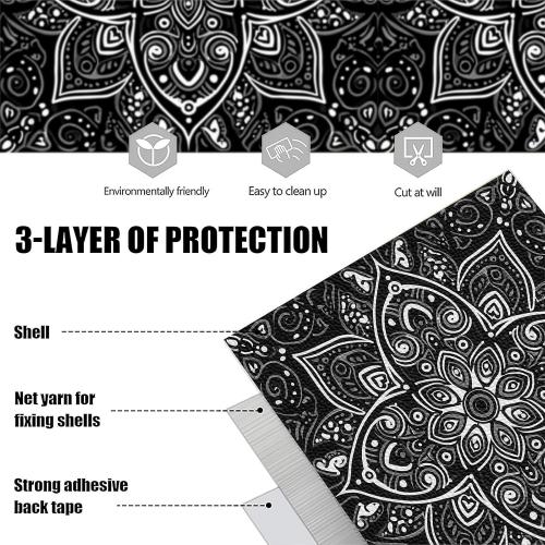10PCS 12x12 Inch Peel and Stick Floor Tiles Self Adhesive Vinyl Flooring Tile Black White Mandala Pattern Removable Decals Bathroom Kitchen Living Room DIY Home Decoration