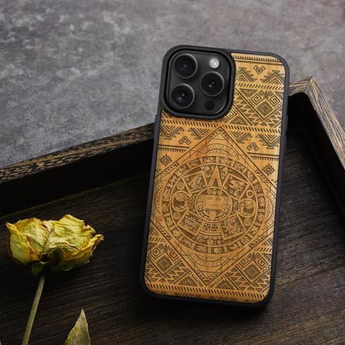 Carveit Magnetic Wooden Case for iPhone 16 Pro Case, Wood Artisan Engraved & Black Soft TPU Shockproof Cover, Compatible with MagSafe Wireless Chargers (Aztec Calendar) Cherry