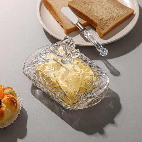 Glass Butter Dish with Lid and Stainless Steel Butter Knife, Farm House Butterfly Handle Thick Cover, European Butter Dishes, Sun Flower Butter Keeper Sticks Kitchen Dishwasher Safe