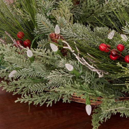 Pre-lit Christmas Wreath for Front Door, Snow Branches, 22 Inch Battery Operated 50 LED Lights, Decorations for Indoor & Outdoor Green