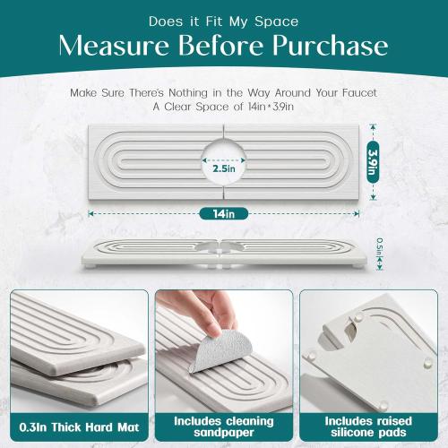 Diatomite Kitchen Faucet Mat - 14Inch Water Absorbing Stone Tray for Sink, Stone Fast-Drying Faucet Mat for Kitchen Counter Sink Accessories (Light Grey, 14'' x 3.9'')