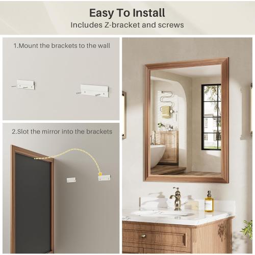 28x36 Inch Bathroom Mirror for Wall, Anti-Rust Walnut Wood Grain Metal Framed Bathroom Mirrors for Over Sink,Rectangler Mirrors for Bathroom Vanity, Farmhouse, Bedroom, Living Room, Entryway Decor
