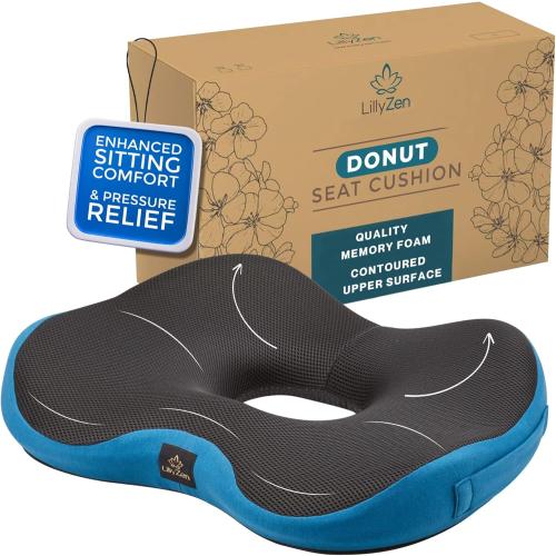 Color Black and Blue Lilly Zen Donut Pillow for Tailbone Pain Relief Memory Foam Cushion Orthopedic Seat Pressure Relief Sitting Coccyx Sciatica Hemorrhoid Pregnancy Postpartum Office Chair Butt Pillows (Black Blue)