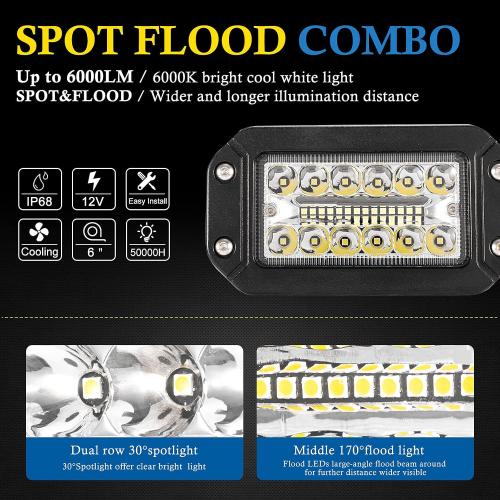 Flush Mount LED Light Pods, BUNKER INDUST 2Pcs 6 Inch Spot Flood Combo Beam 6000 LM Triple Row Driving Off Road Light Bar Waterproof Led Work Light for Golf Cart Trucks Tractor SUV 4x4 ATV UTV