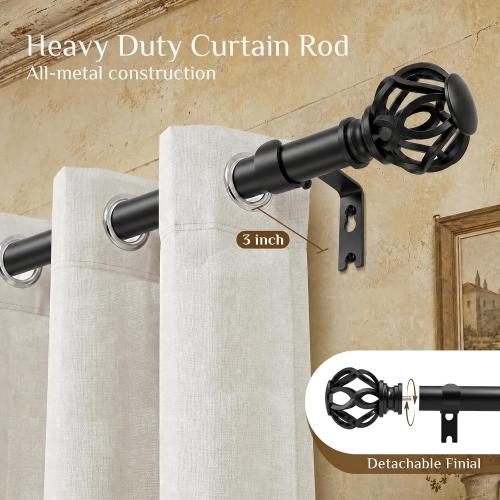 TVWOO Black Decorative Farmhouse Curtain Rods 2Pack:18-45 Adjustable Heavy Duty Single Window Curtain Rod for Bedroom Living Room,Black Boho Rustic Drapery Rods with Vintage Twist Finial Easy Install