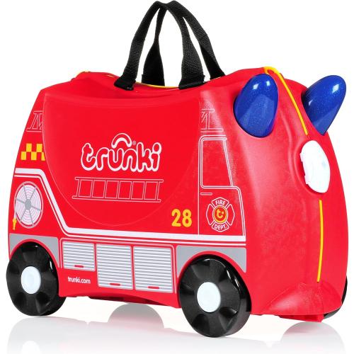 Trunki Ride-On Kids Suitcase | Tow-Along Toddler Luggage | Carry-On Cute Bag with Wheels | Kids Luggage and Airplane Travel Essentials: Frank Fire Truck Red