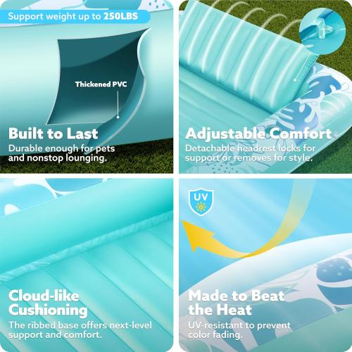 SLOOSH Inflatable Tanning Pool Lounger Float, 70 x 46 Pool Floats Adult with Pillow, 4 in 1 Suntan Tub Raft Floatie,Sunbathing Bed Lounge for Water Blow Up Kids Ball Pit Party Gifts, L-Cyan White