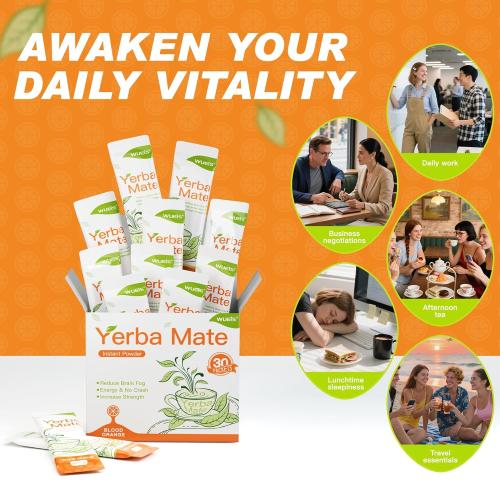 WUEIS Yerba Mate Instant Tea Powder – Clean Energy, Prebiotic Support & Gut Health – Low Sugar, Natural Caffeine, Orange Flavor, 30 Single-Serve Sticks