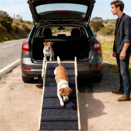 In hand Dog Ramp for High Bed with Safety Rails, Adjustable Foldable Pet Steps Ramp with Anti-Slip Pad, Assist Senior Arthritic, Injured, Small to Large Dogs to Climb Couch Bed Stairs Easily