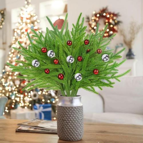 16 Pcs Artificial Pine Branches Fake Greenery Norfolk Pine Picks 17'' Artificial Christmas Berry Stems Xmas Pine Needles for Holiday DIY Crafts Flower Arrangements Decoration