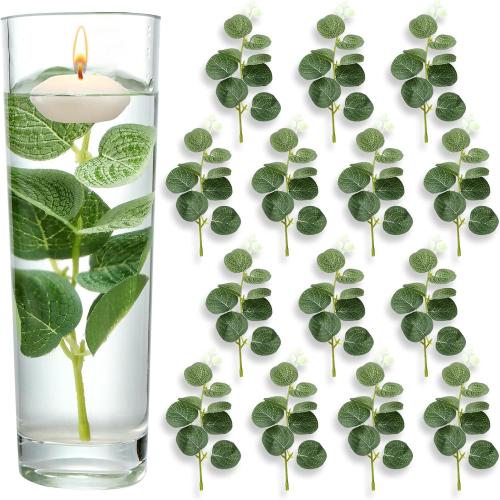 Zeyune 50 Pcs Mini Artificial Eucalyptus Leaf for Floating Candles for Centerpiece Wedding Table Floating Leaves Stem Vase Fillers for Tea Candles Bridal Shower Home Birthday Christmas Party Decor