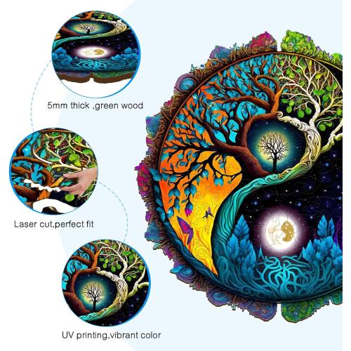 Wooden Puzzles for Adults - 100 Pieces Yinyang Tree of Life Wooden Puzzle - Unique Animal Shape Wood Cut Puzzles - Eco-Friendly Home Office Decor (S-7.9 * 7.9in)