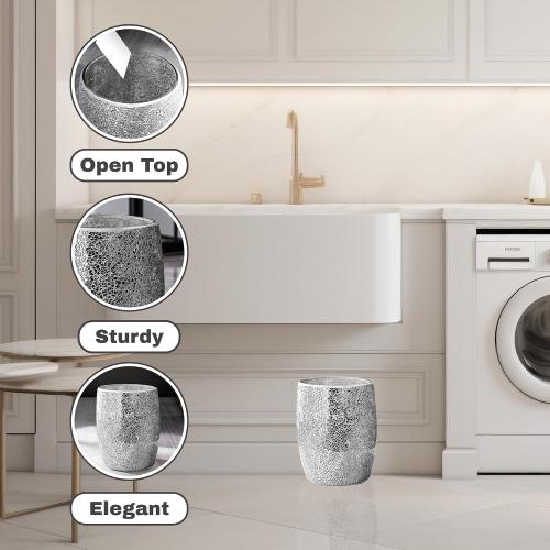 Modern Bathroom Trash Can Silver Mosaic Glass 5L | 7 x 10 | Luxury Waste Basket for Restroom, Bedroom, Office & Kitchen | Decorative Small Garbage Can | Silver Glitter Bathroom Accessories