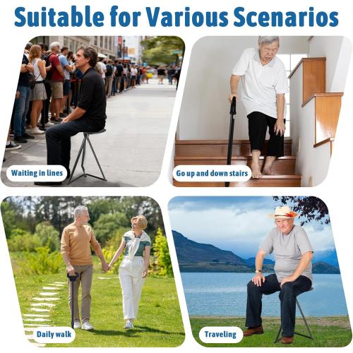 Walking Cane with Seat Folding Lightweight, 2-in-1 Cane Stool for Adults, Aluminum Walking Stick with Seat, Capacity 330lb Portable Stool for Senior, with Carry Bag-Black