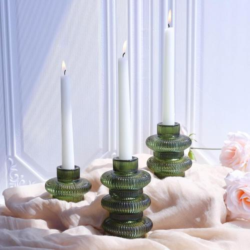 VOHO Green Candle Holder Decor for Dining Table Centerpiece, Ribbed Taper Candle Holders Versatile for Candle Sticks and Tea Lights Candles, Holiday Candlestick Holders Gifts for Friends(Set of 4)