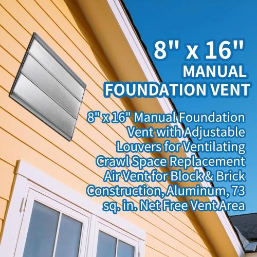 8 x 16 Manual Foundation Vent with Adjustable Louvers for Ventilating Crawl Space Replacement Air Vent for Block & Brick Construction, Aluminum, 73 sq. in. Net Free Vent Area 4 piece