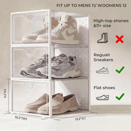 Pinkpum 15 Pack X-Large Shoe Storage Boxes Fit US Size 11, Shoe Organizer for Closet Clear Plastic Stackable Shoe Dispaly Case Holder Bins, Sneaker Storage for Sneakerheads White for Home and Family