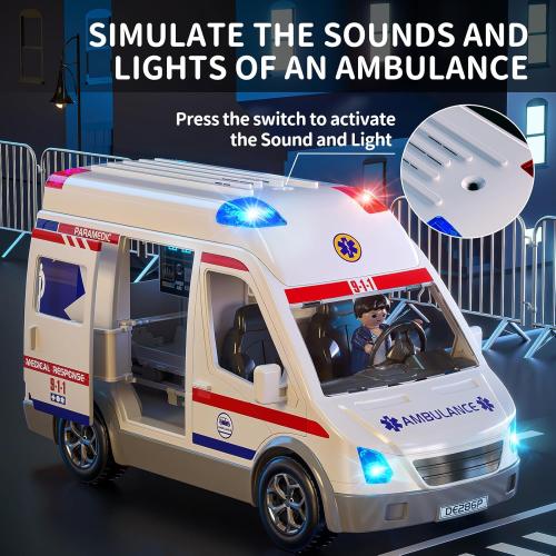 TEMI Ambulance Toy for Kids, Emergency Vehicle Toy, Friction Powered Truck | Light and Sound, Role Playing Play Vehicles with Figures Toys, Car Toy, Birthday Gifts for Age 3 4 5 6 7 8 Boys Girls