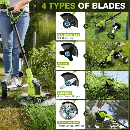 Green 12 Kihoplly Stringless Weed Wacker Cordless Eater, 21V 3000mAh*2 Battery Powered Grass Trimmer Brush Cutter, 3-in-1 Wheeled Lawn Edger with Blades, Electric String Trimmer 2 Batteries and Charger