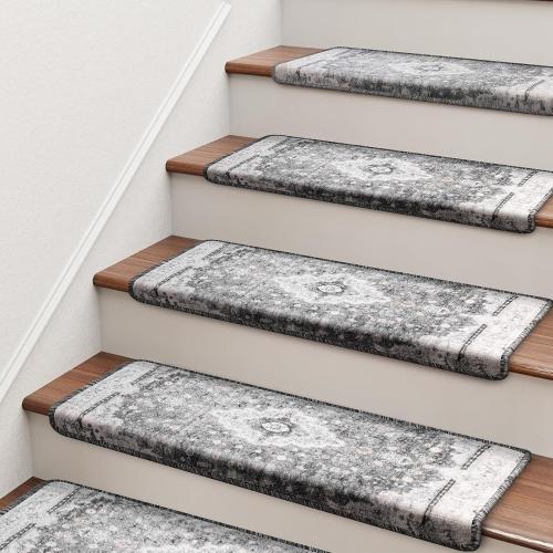 Bullnose Stair Treads for Wooden Steps, Non Slip Stair Carpet for Indoor Runner and Pets, Soft Edging Staircase Protectors Reusable, Washable, 29.5x9.5x1.5 14pcs, Grey