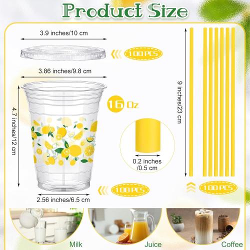 300 Pieces Lemon Plastic Disposable Cups with Lids and Straws 16 Ounce Lemon Hawaiian Luau Party Plastic Cups Clear Summer Tropical Party Cups Fruit Cold Cups for Lemonade Juice Water