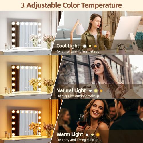 Memobarco Vanity Mirror with Lights, Makeup Mirror with USB/Type-C Charging, Large Hollywood Mirrors w/ 15 LED Bulbs & 5X Magnifier, LED Mirrors for Bedroom Tabletop & Wall Mounted