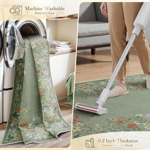 Wonnitar Washable 8x10 Living Room Area Rug, Large Green Floral Rugs for Bedroom, Non-Slip Soft Botanical Area Rug Throw Carpet for Dining Guest Room Playroom (Green,8'x10')