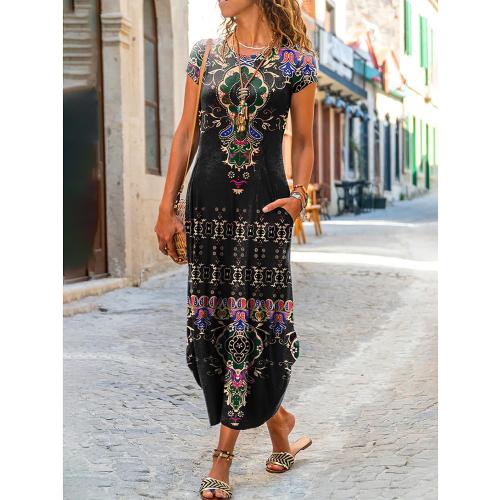 Akivide Womens Small Boho Summer Short Sleeve Ethnic Floral Print Maxi Dress 2024 Crew Neck Casual Loose Dress with Pockets