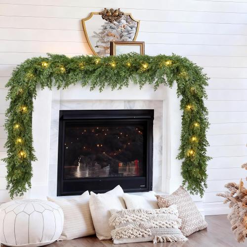 Lvydec Lighted Christmas Pine Garland Decoration, 9ft Realistic Cedar Cypress Garlands Christmas Greenery Garland with Lights for Holiday Mantel Fireplace Table Centerpiece (9ft)