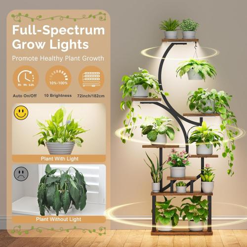 Plant Stand Indoor with Grow Lights - 62 Tall Plant Shelf, Lighted Corner Plant Stands for Indoor Growing, 8 Tiered Large Flower Holder, S-Shaped Decorative Rack for Living Room, Patent Design, Brown