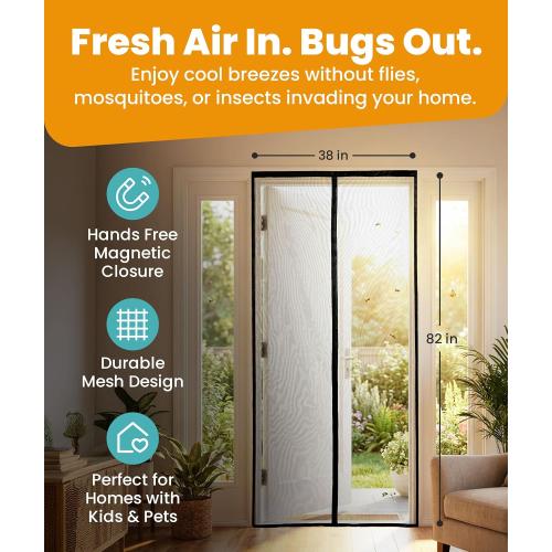Magnetic Screen Door - Bugs Out, Breeze in - 9min Install Auto-Sealing Heavy Duty Double Stitched Mesh,  Magnets, Hands Free Sliding & Patio Doors Net, Pet & Kid Friendly,