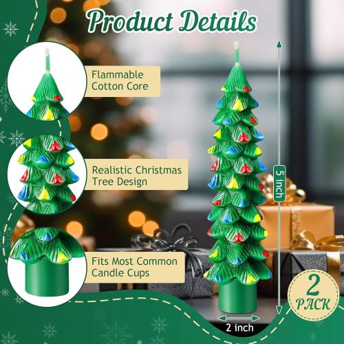 2 Pack Christmas Tree Candles, 5 Inch Unscented Tree Shaped Taper Beeswax Candles for Christmas Holiday Decor Table Centerpiece Display Party Banquet Gift (Green with Multicolor Trim)