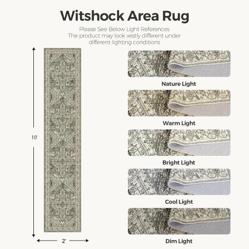 WITSHOCK 2x10 Long Runner Rug for Hallway: Washable Distressed Boho Low Pile Stain Resistant Foldable Carpet for Bedroom Kitchen Entryway Indoor Entrance, Oriental Farmhouse Floor Rug, Brown/Lvory