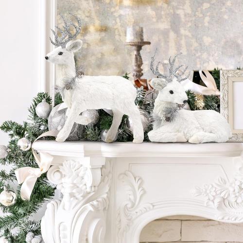 naturevibe 18 Inches Sisal Christmas Reindeer Set of 2,Realistic Woodland Animals Reindeer Figurine with Silver Accent for White Christmas Decorations,Centerpiece Table Decorations or Fireplace Decor