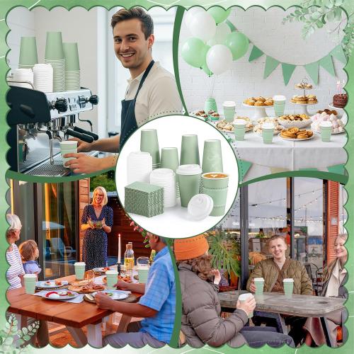 60 Pack Sage Green Coffee Cups with Lids Sleeves, 12oz Insulated To Go Paper Cups Sage Green Party Cups Disposable Paper Cups, Drinking Cups for Wedding Birthday Baby Shower Party Supplies