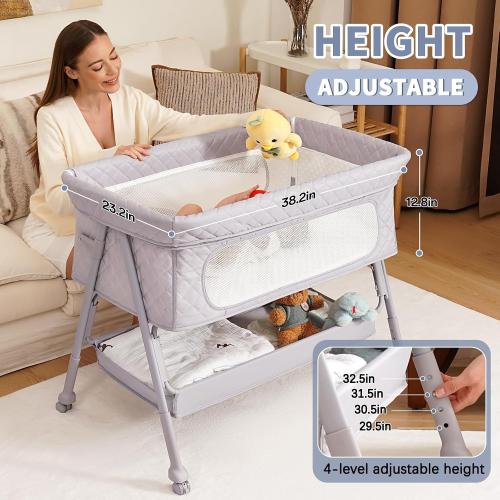 Bassinet Bedside Sleeper, Adjustable Height Baby Bassinet with Wheels, Easy Assemble & Folding Crib with Comfy Mattress, Breathable Mesh Bedside Bassinet for Infant Newborn (Grey)