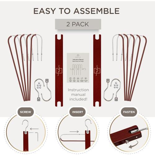 Pack of 2 Color Brown MORALVE Pants Hangers Space Saving - 2 Pack European Beechwood Scarf and Jean Hangers - Closet Organizer and Space Saver Pant Rack, Leggings Hanger, and Scarf Holder with 360° Swivel Hook