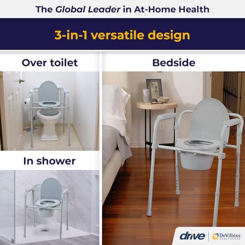 Grey Drive Medical Folding Steel Bedside Commode Chair, Portable Toilet, Supports Individuals Seat, Grey