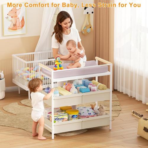 Cidaziya Baby Changing Table with Safety Bumper, Sturdy Diaper Change Station with Adjustable Devider in Large Storage Bin, Nursery Dresser for for Cloth Change, Baby Furniture Diaper Organizer,White