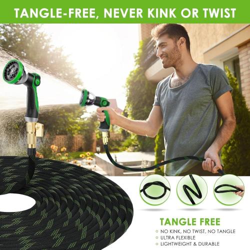 Non-Expandable Garden Hose 100 ft, Ultra Lightweight & Flexible Water Hose With 10-Pattern Spray Nozzle, Full Length Leak-Proof Design, High-Density Fabric & Shut-Off Valve, Hose Straps
