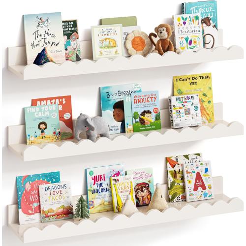 Set of 3 Color White Nursery Book Shelves, Set of 3, Nursery Decor for Baby and Toddler, Scalloped Shelves, Book Shelf for Kids Rooms, Wall Book Shelf for Bedroom Kids, Floating Shelf for Wall